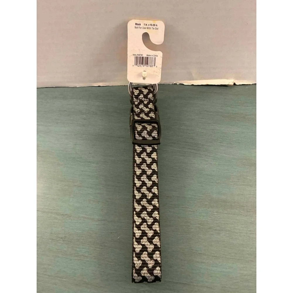 PetWear Dog Collar Large Black New Reflective Bone Pattern 15-26in 48760